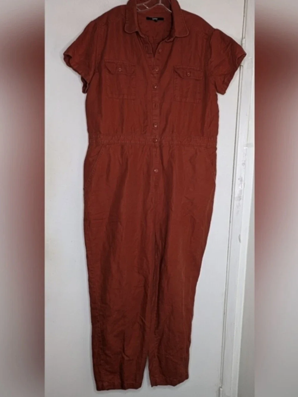 Quince • Linen Blend Twill Coverall Jumpsuit in Rust EUC